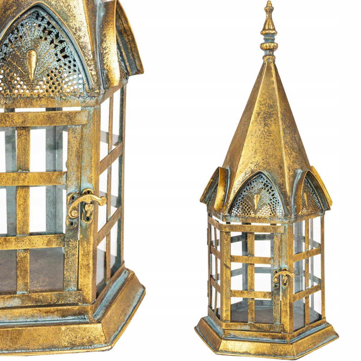 Lampion metalowy duży 50 cm złoty stylowy latarenka Świecznik