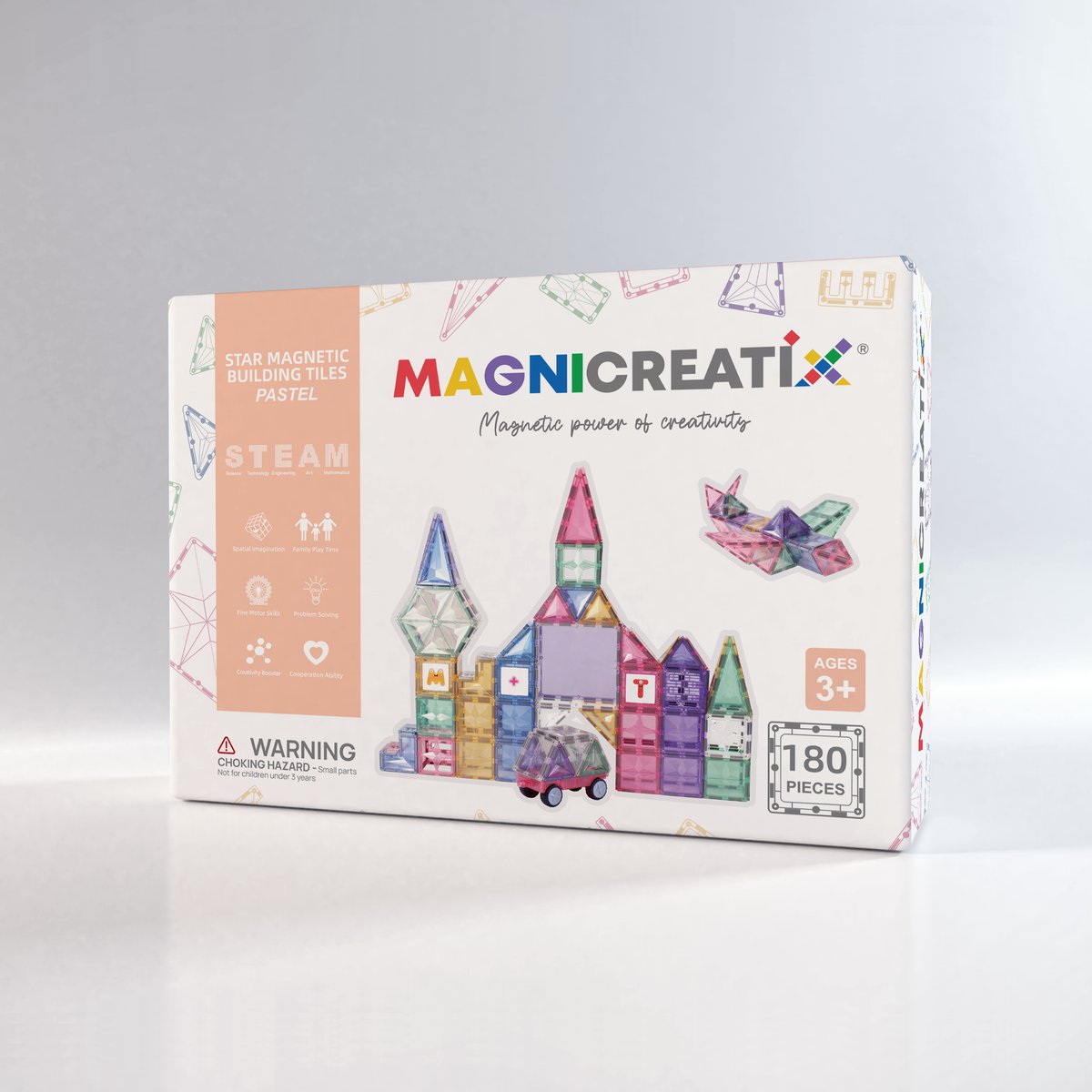 Klocki magnetyczne z ALFABETEM I LICZBAMI STEAM PASTEL 180 el. MAGNICREATIX