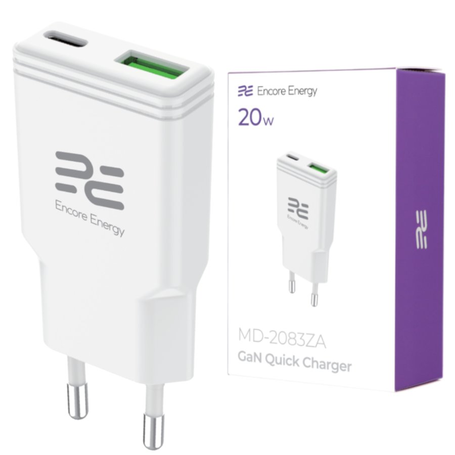 Nowa ładowarka sieciowa SLIM GaN 20W USB-A USB-C QC PD Encore Energy MD-2083ZA