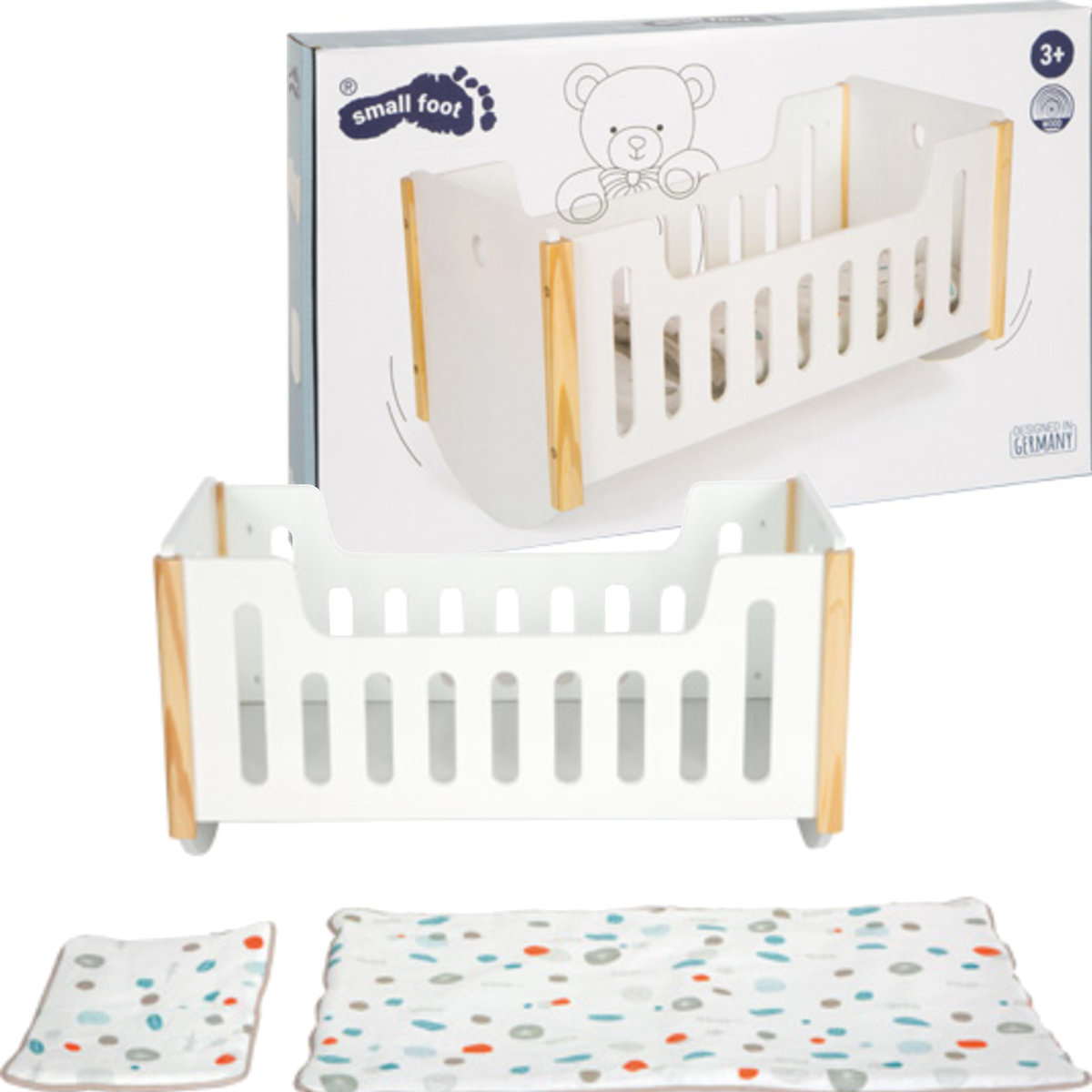 Małe Drewniane Bujane białe Łóżeczko dla Lalek z Poduszką i Kocykiem