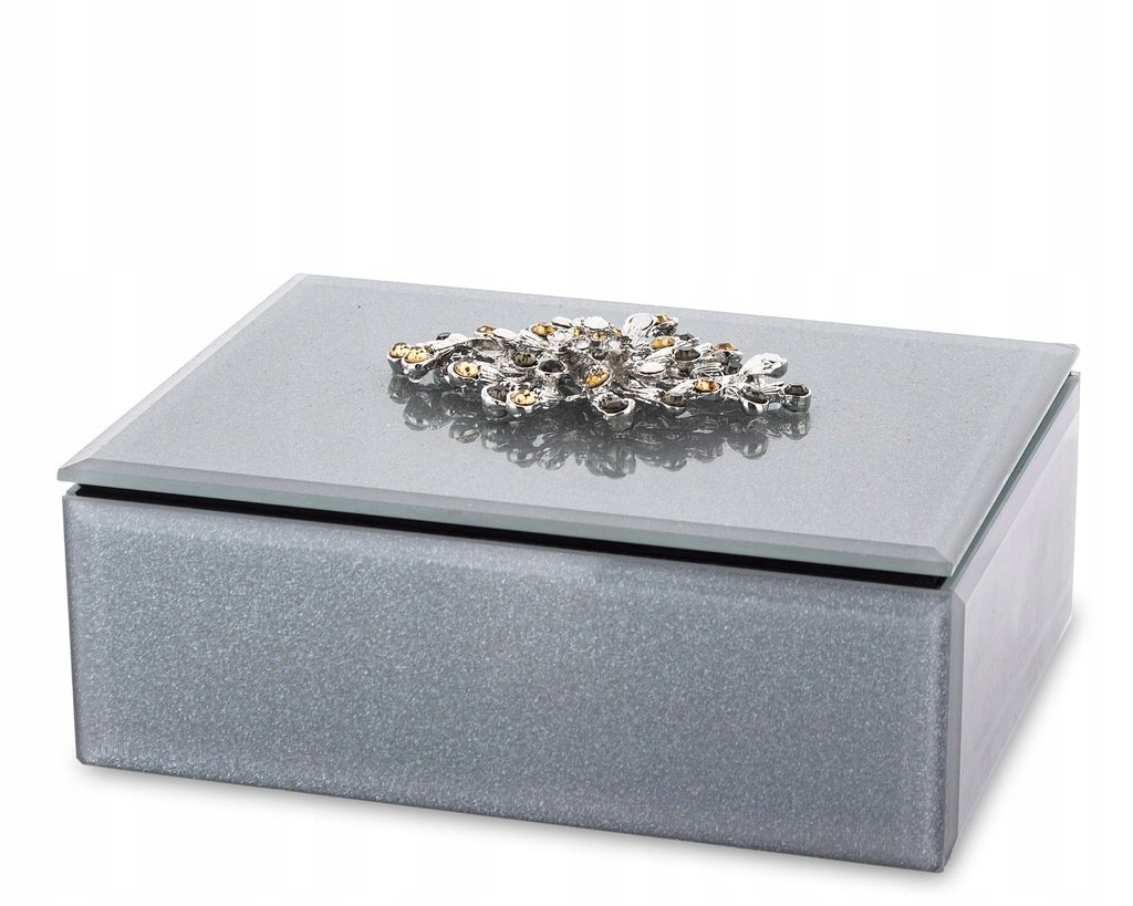 SZKLANA SZKATUŁKA SZARA NA BIŻUTERIĘ KASETKA GLAMOUR SREBRNA BROSZKA