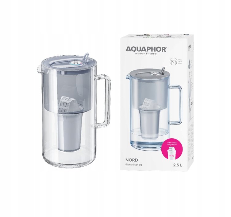 Dzbanek filtrujący szklany Aquaphor Nord 2,5l z wkładem A5 Mg (350l), szary