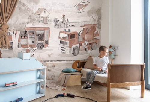 Tapeta dla dzieci z wozem strażackim i zwierzątkami fire patrol