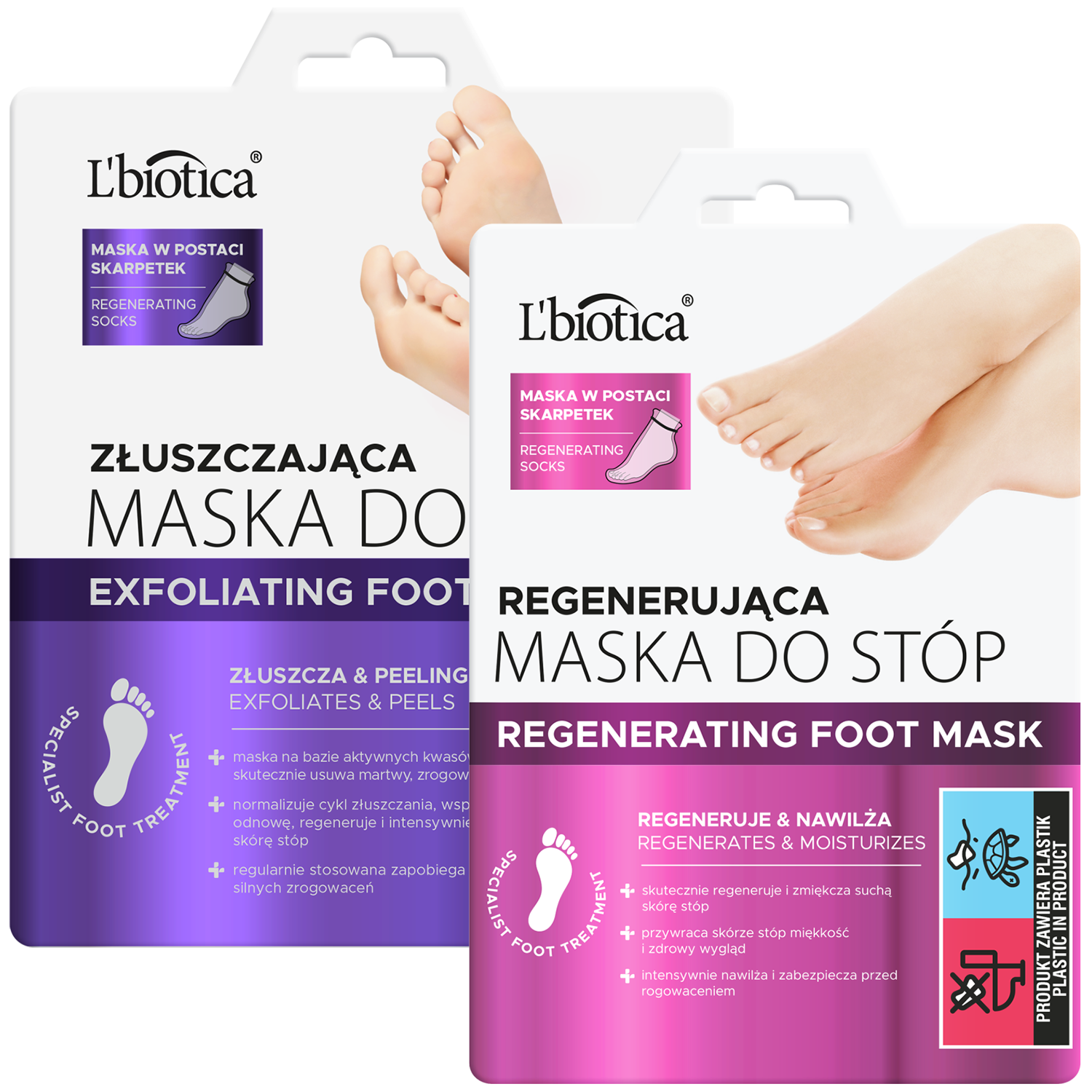 Zestaw L'Biotica Home Spa, maska złuszczająca do stóp, nasączane skarpetki, 40 ml + maska regenerująca do stóp, nasączane skarpetki, 32 ml