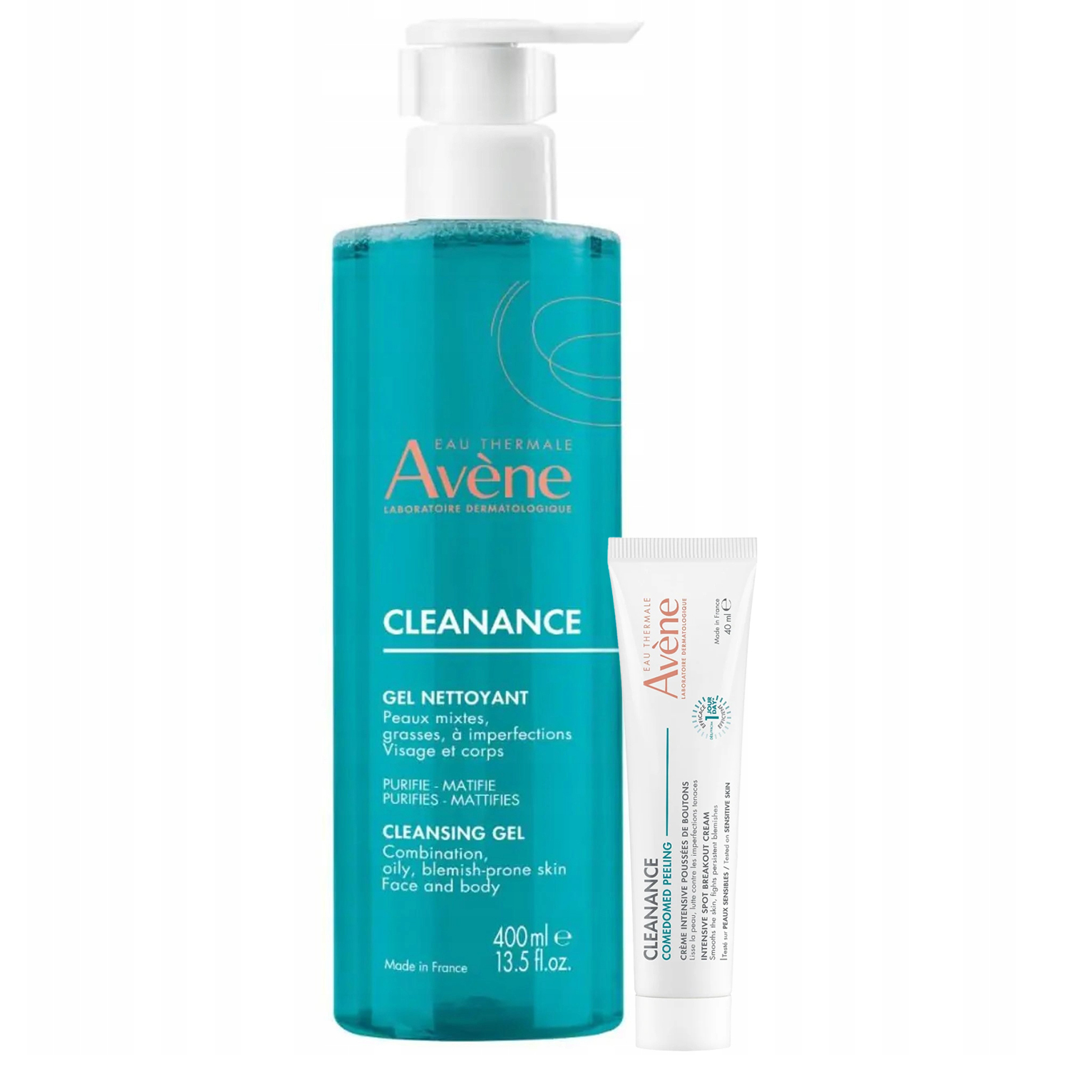 Zestaw Avene Cleanance Comedomed Peeling, intensywny krem na wypryski, 40 ml + żel oczyszczający do twarzy i ciała, skóra tłusta ze skłonnością do niedoskonałości, 400 ml