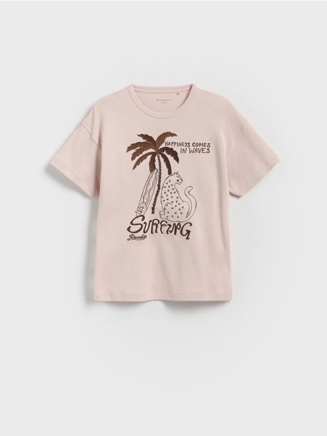 Reserved - T-shirt z haftem i cekinami - pastelowy róż