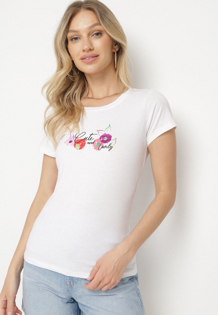 Biało-Różowy T-shirt z Bawełny z Ozdobnym Nadrukiem Zaromeira