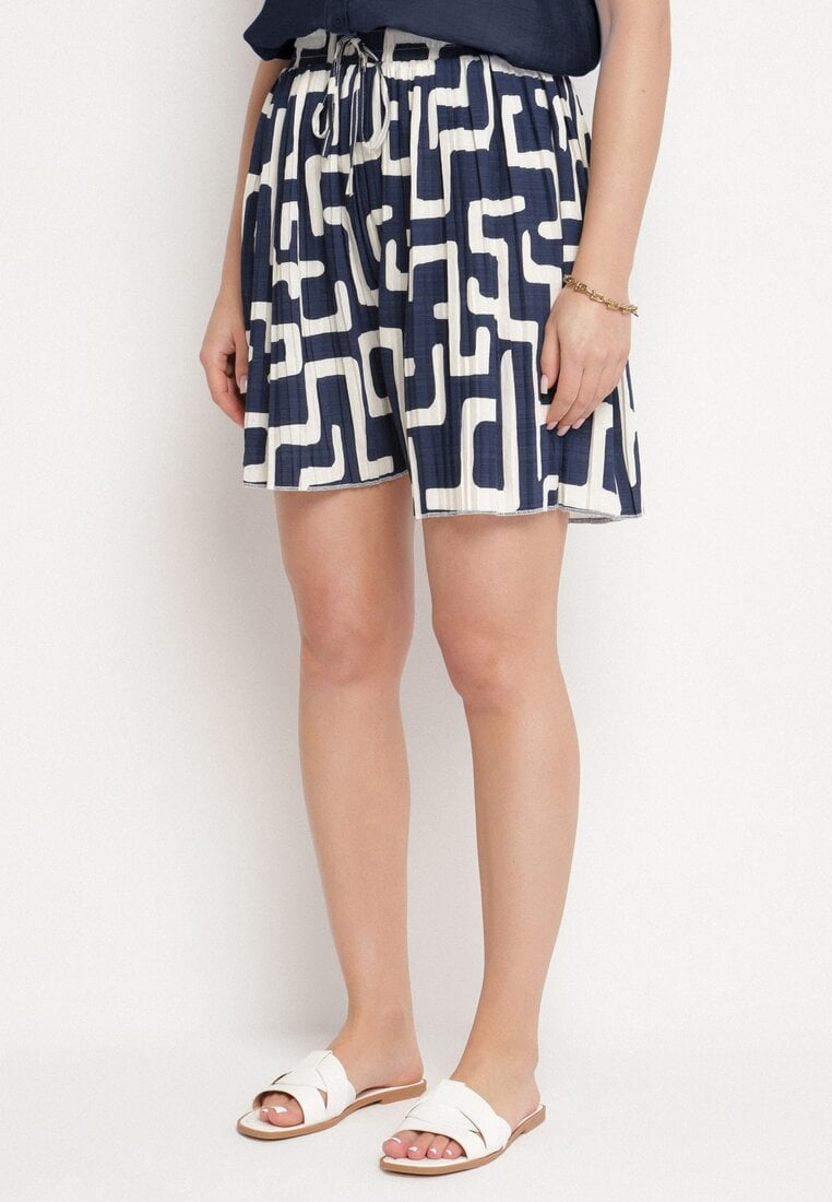 Granatowe Wiskozowe Szorty z Wysokim Stanem z Geometrycznym Wzorem Linala
