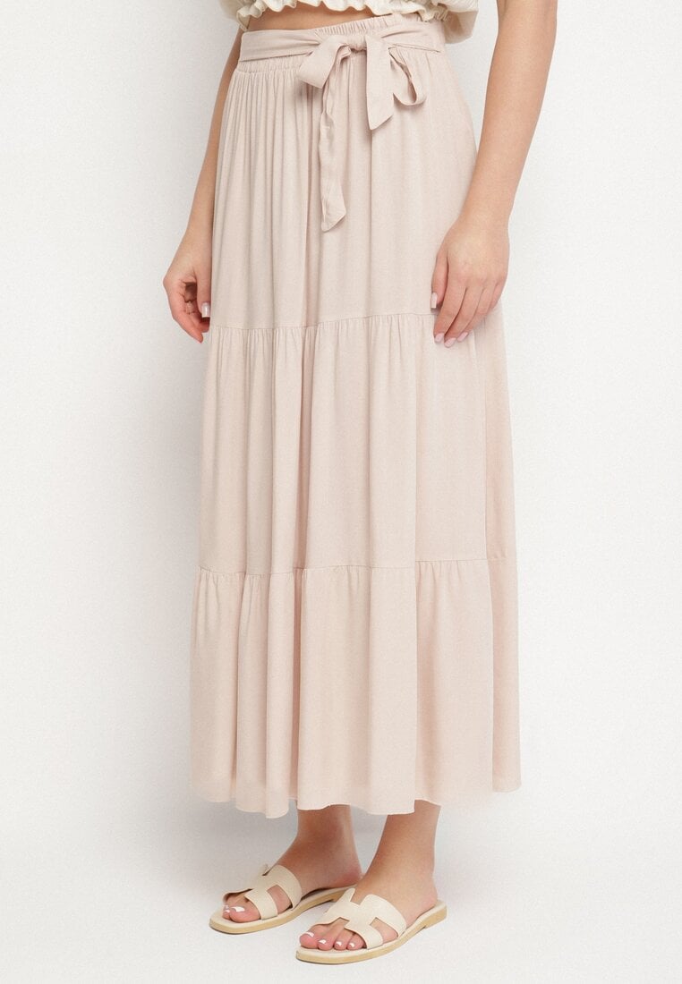 Beżowa Wiskozowa Spódnica Rozkloszowana Z Gumką w Talii Tolerisa