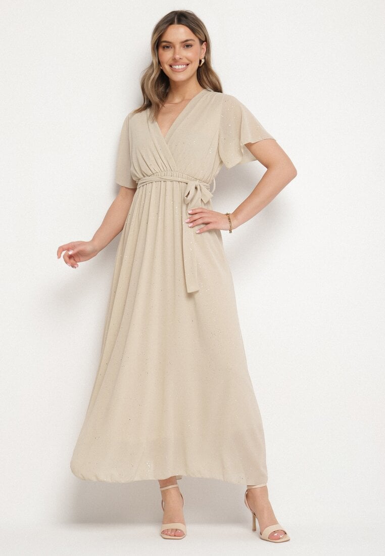 Beżowa Brokatowa Sukienka Koktajlowa Ozdobiona Paskiem Ziliane