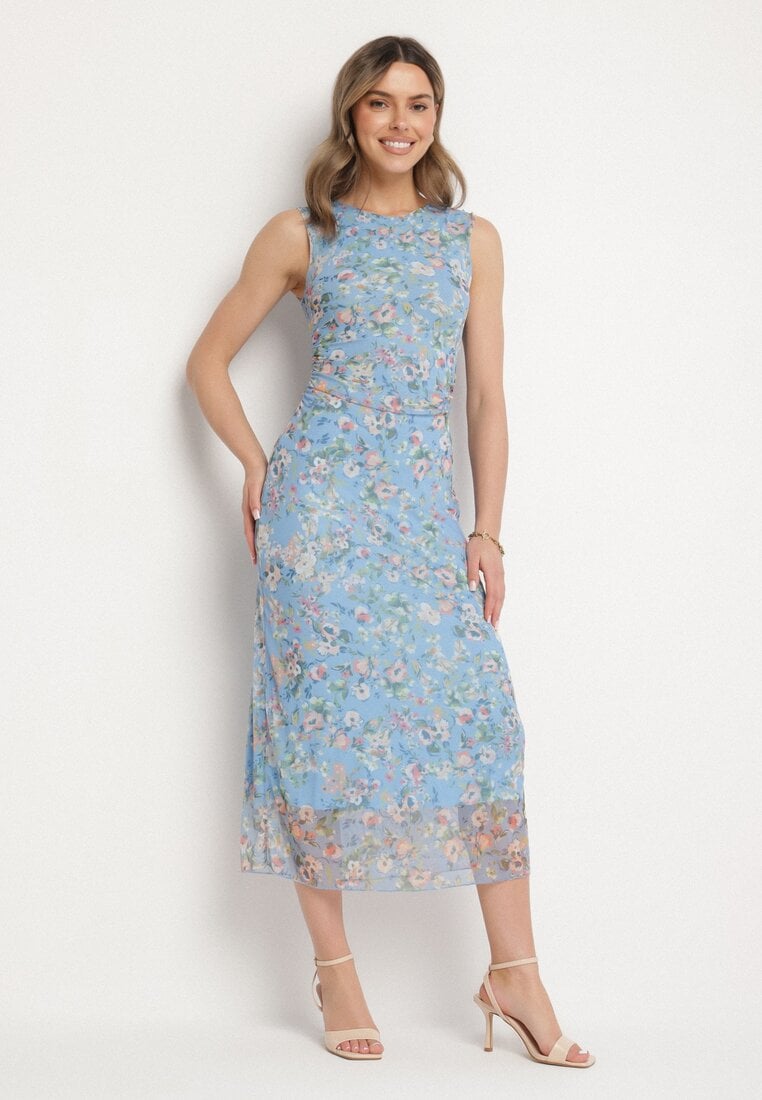 Niebieska Koktajlowa Taliowana Sukienka w Kwiaty z Wiskozową Podszewką Lidra