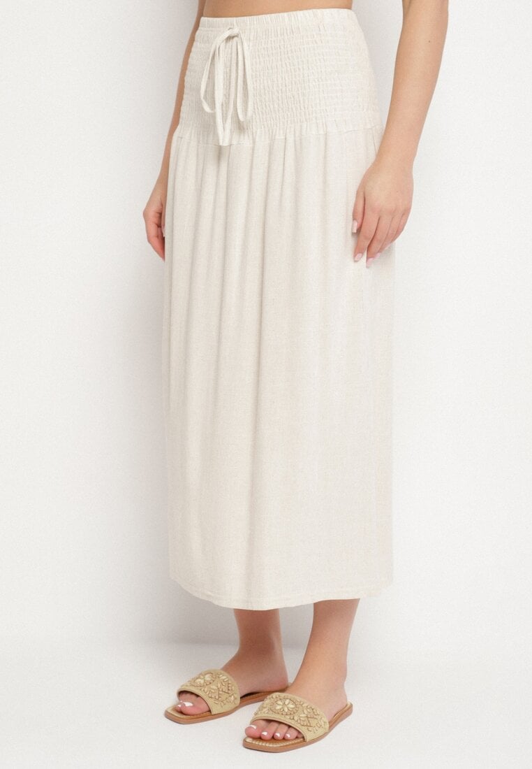 Beżowa Rozkloszowana Spódnica z Lnem Wiskozą i Wysokim Stanem Lumesare