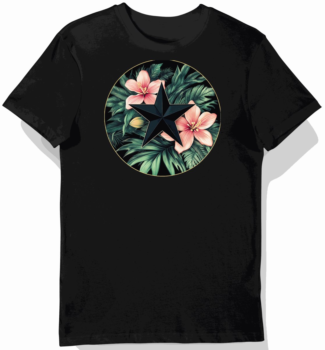 Koszulka męska czarna z motywem tropikalnych kwiatów i gwiazdy 3XL