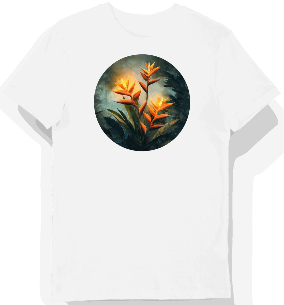 Koszulka męska biała z motywem tropikalnych kwiatów Helikonia S