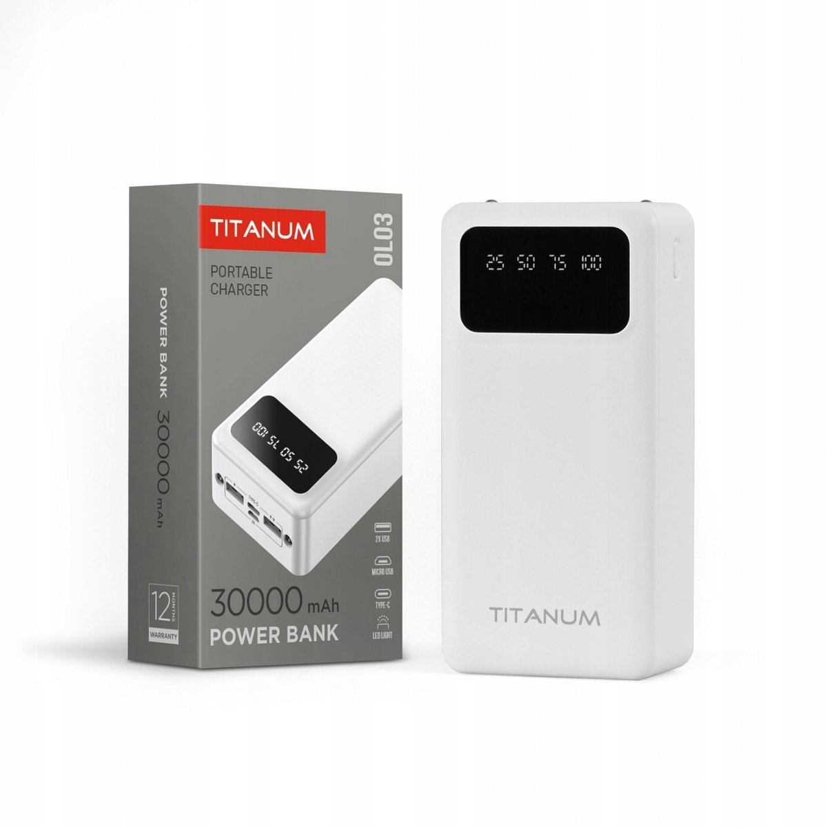 Powerbank do telefonu pojemny Titanum 30000mAh biały USB USB-C 2.1A 5V