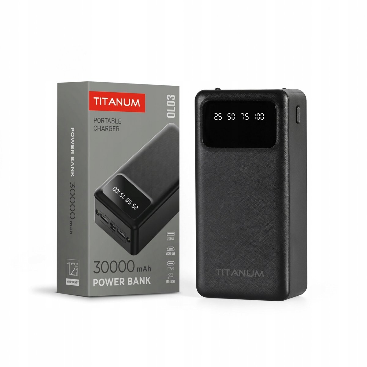 Powerbank do telefonu pojemny Titanum 30000mAh czarny USB USB-C 2.1A 5V