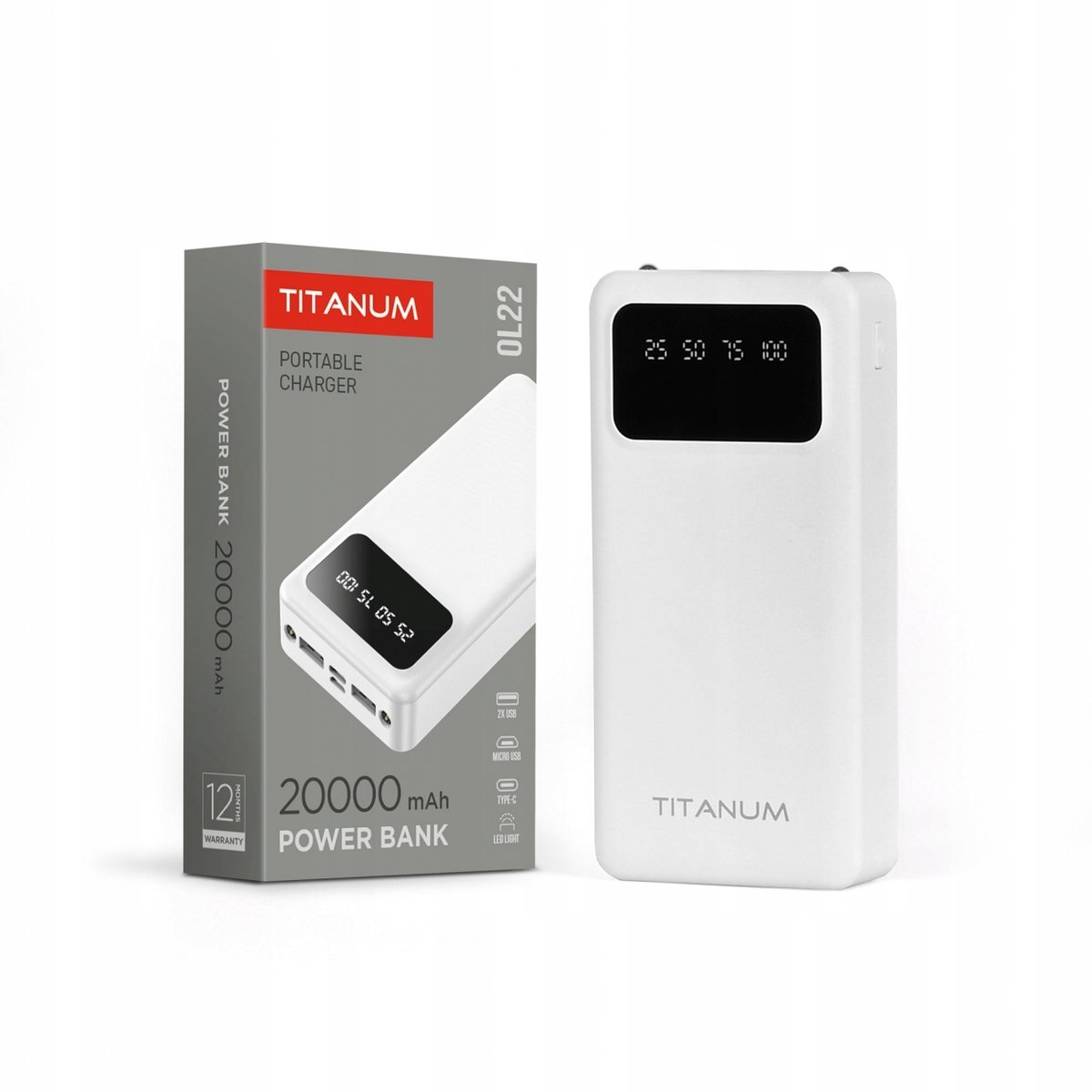 Powerbank do telefonu pojemny Titanum 20000mAh biały USB USB-C 2.1A 5V