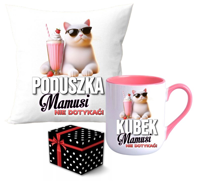 ŚMIESZNY PREZENT DLA MAMY NA DZIEŃ MATKI ZESTAW PODUSZKA KUBEK Z KOTEM