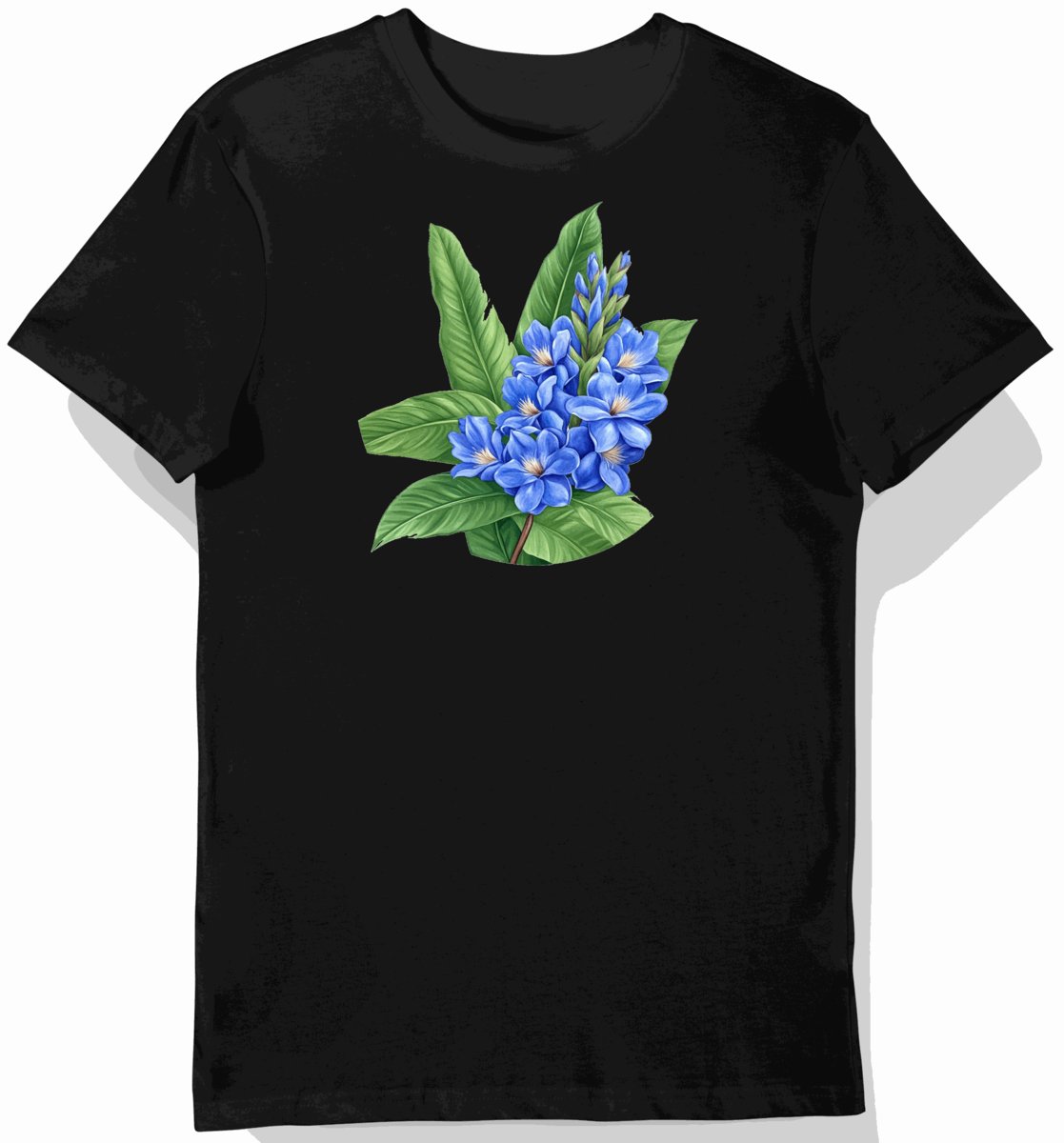 Koszulka męska czarna z motywem błękitnego kwiatu egzotycznego L
