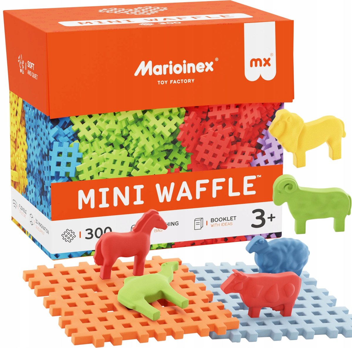 Kreatywne Klocki Marioinex Wafle Mini, 308 el, w tym 2 podstawy, 6 zwierząt