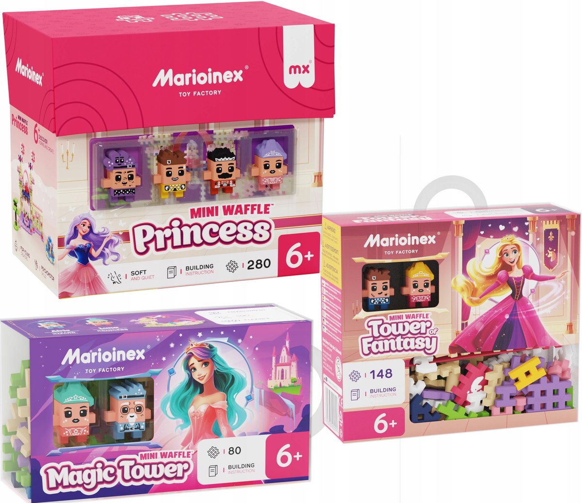 Marioinex Klocki Waffle MAGICZNE KRÓLESTWO komplet zamek wieże 508 el 8 fig