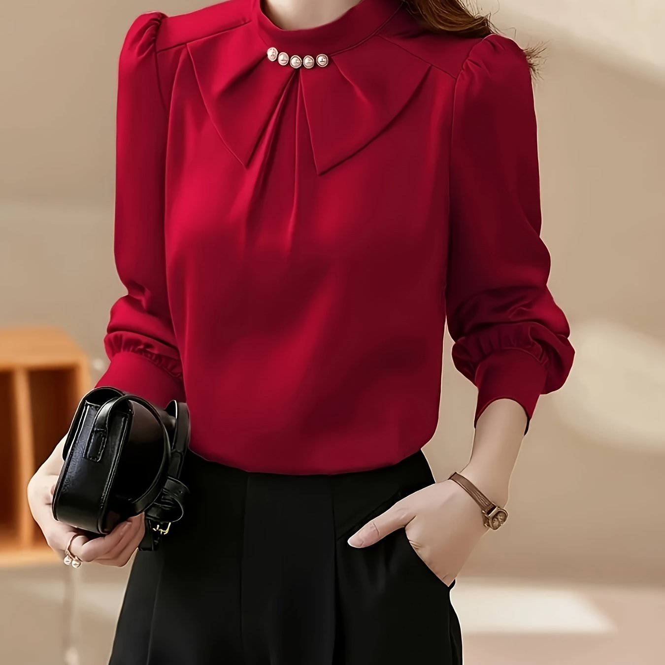 TEMU Elegancka czerwona bluzka damską z długim rękawem i detalami perłowymi - stójka, koszula zapinana na guziki na wiosnę/leto/jesień, idealna do