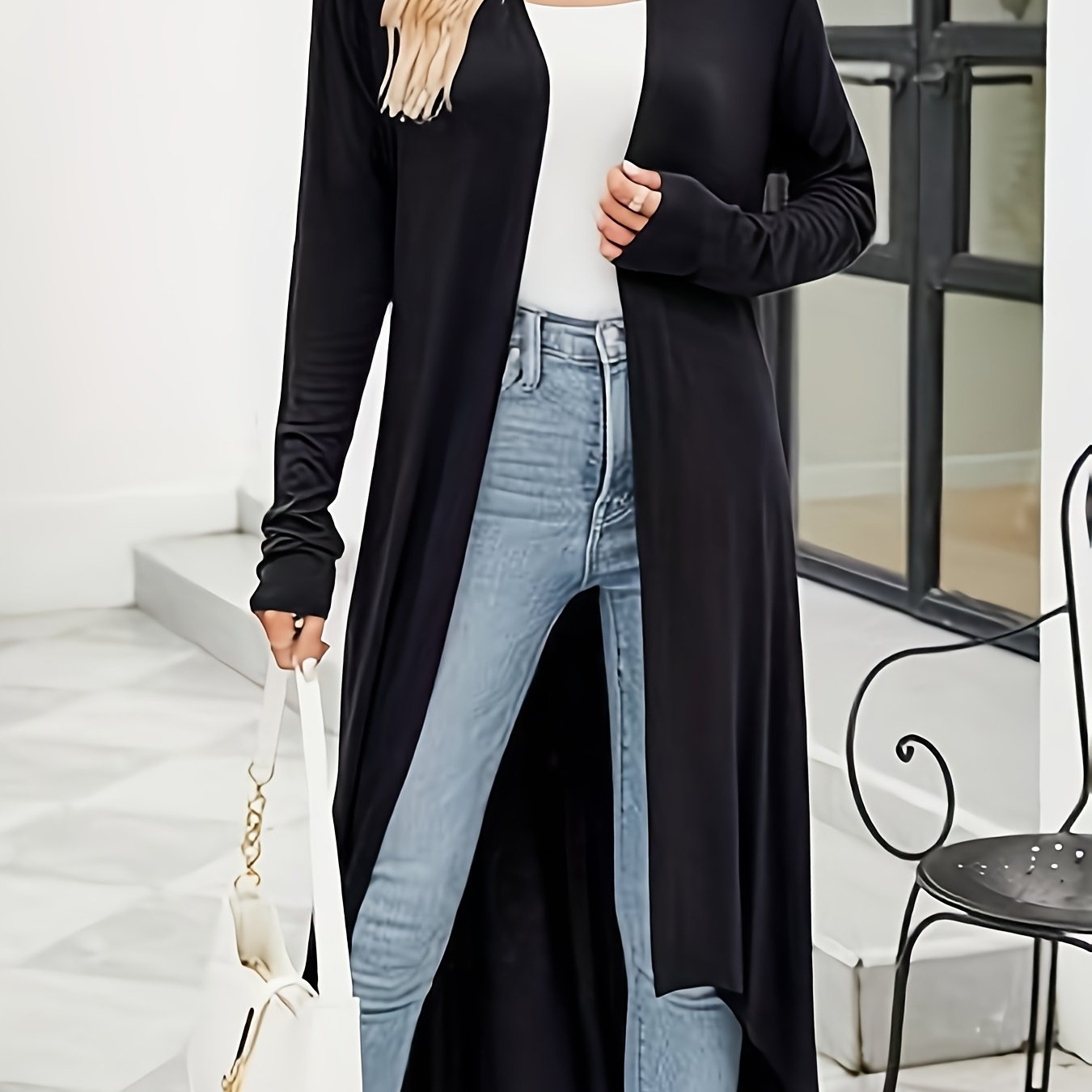 TEMU Damski Casual Długi Kardigan z Otwartym Przodem, Lekki, Drapowany, Asymetryczny, Długi Rękaw