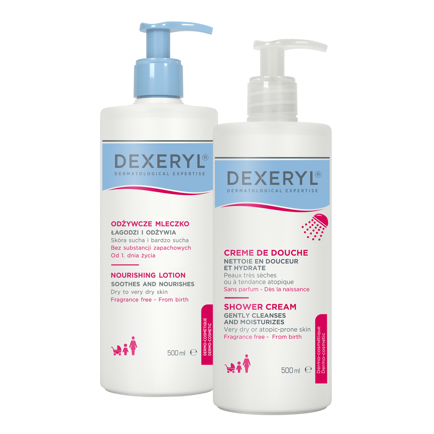 Zestaw Dexeryl, odżywcze mleczko do ciała, 500 ml + krem myjący pod prysznic dla niemowląt, dzieci i dorosłych, skóra bardzo sucha i skłonna do atopii, 500 ml