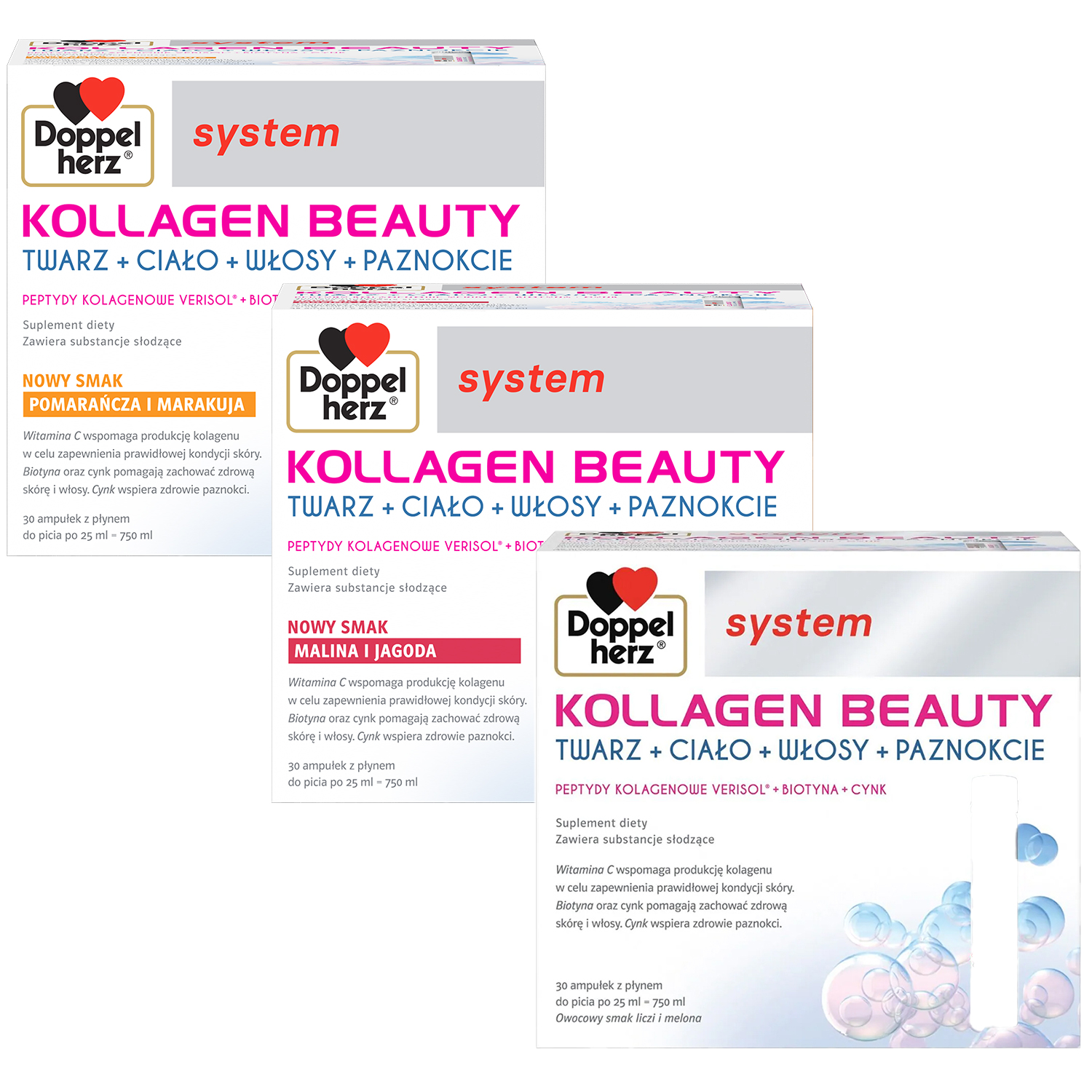 Zestaw Doppelherz System Kollagen Beauty, smak pomarańcza i marakuja, 25 ml x 30 ampułek + smak malina i jagoda, 25 ml x 30 ampułek + smak liczi i melona, 25 ml x 30 ampułek