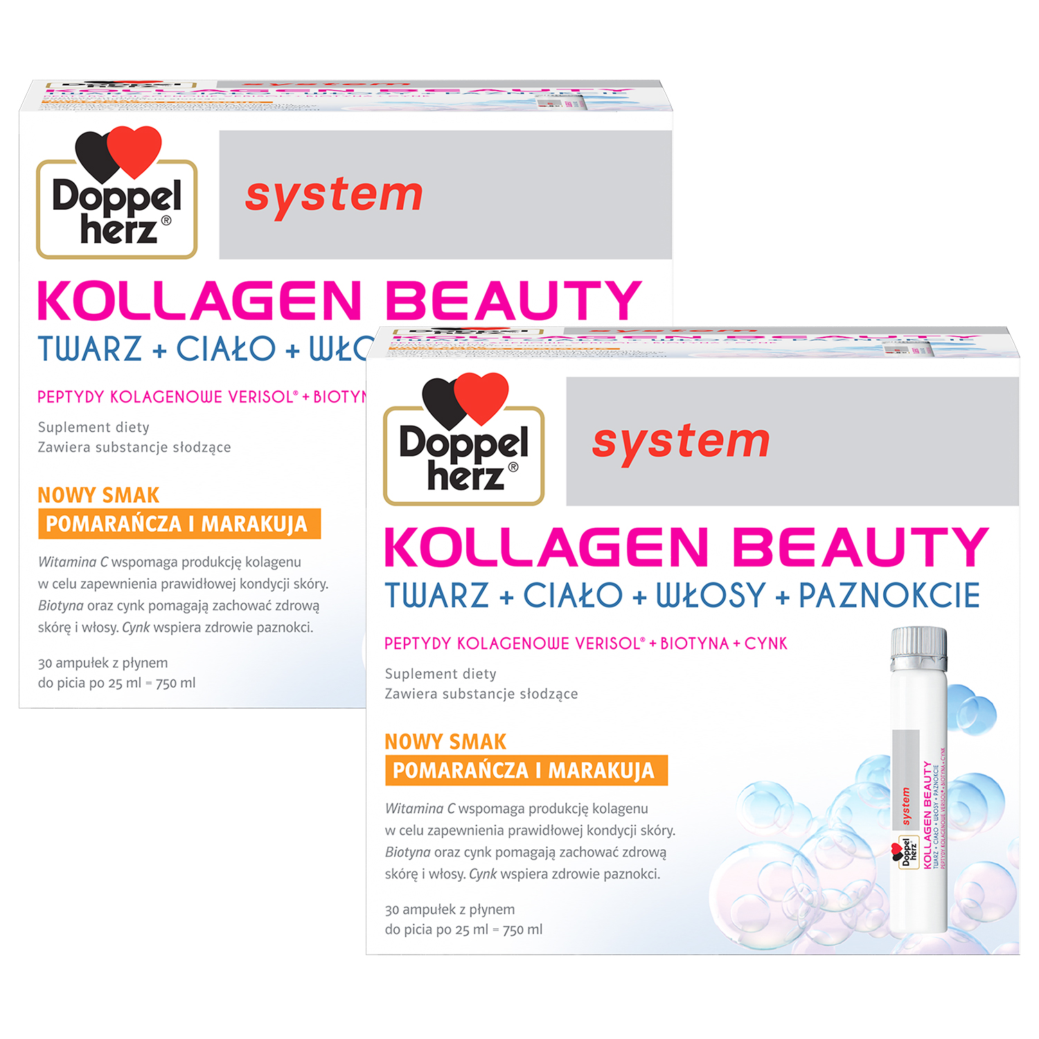 Zestaw Doppelherz System Kollagen Beauty, smak pomarańcza i marakuja, 2 x 30 ampułek