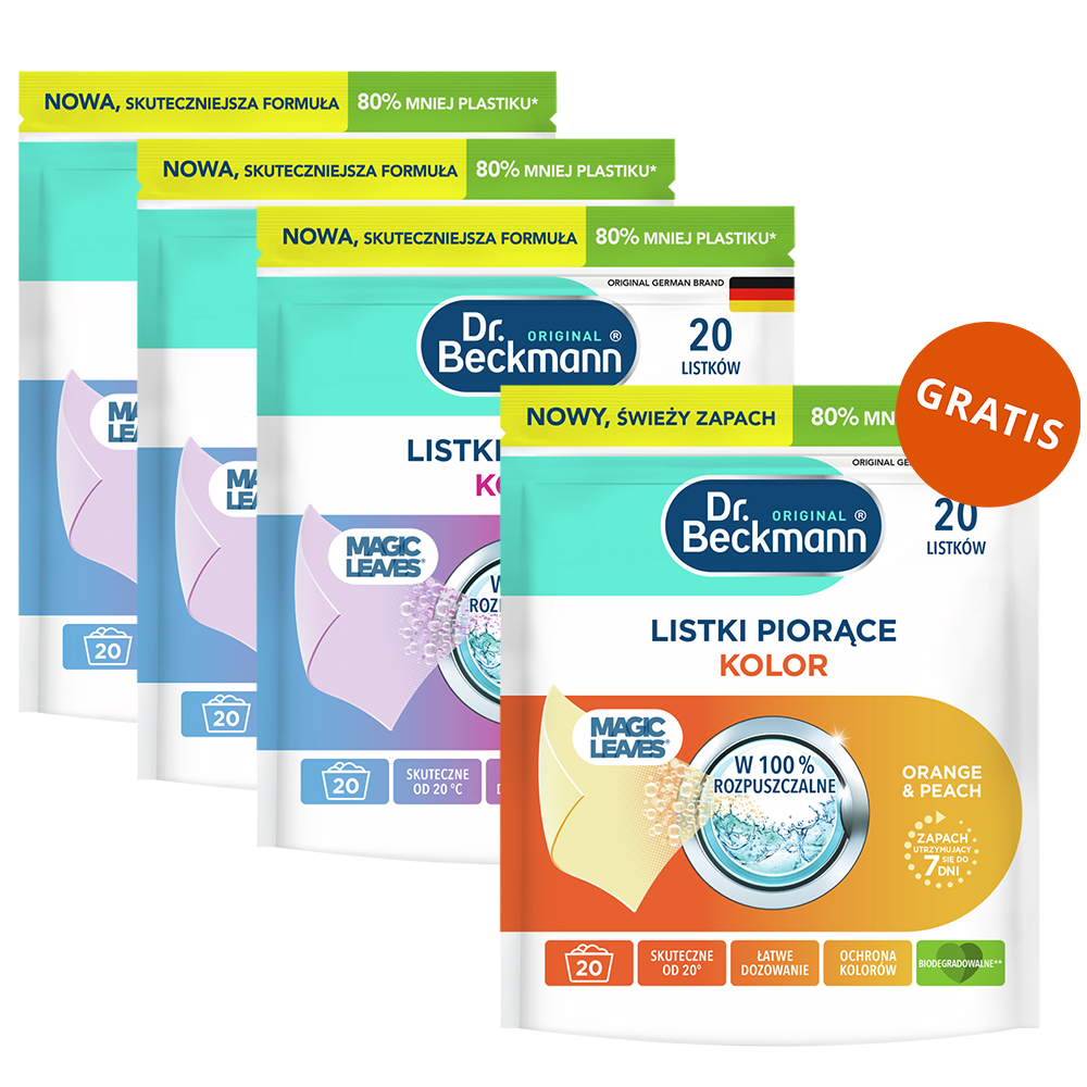 Zestaw Dr. Beckmann Magic Leaves, listki piorące, Kwiatowa Świeżość, kolor, 3 x 20 sztuk + listki piorące, Orange&Peach, kolor, 20 sztuk gratis