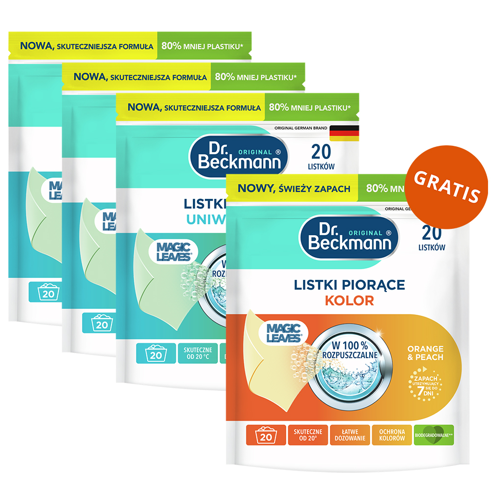 Zestaw Dr. Beckmann Magic Leaves, listki piorące, uniwersalne, 3 x 20 sztuk + listki piorące, Orange&Peach, kolor, 20 sztuk gratis