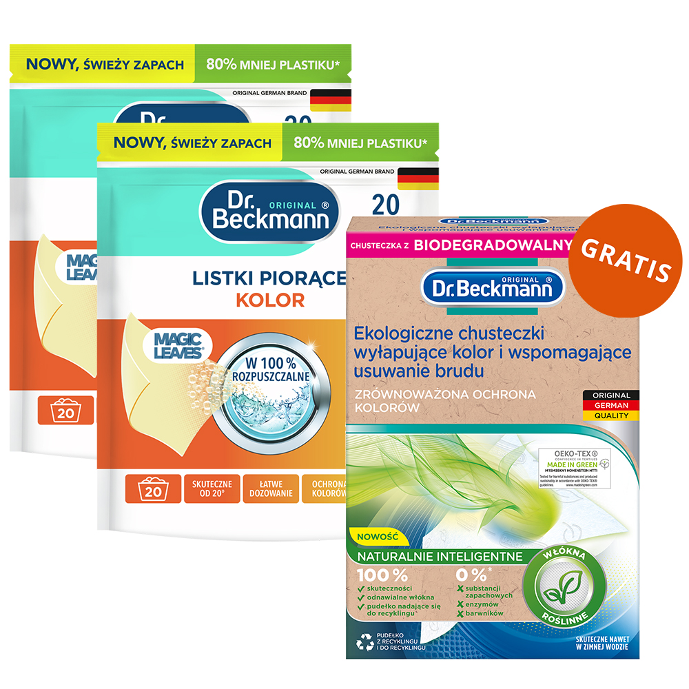 Zestaw Dr. Beckmann, listki piorące, Orange&Peach, kolor, 2 x 20 sztuk + ekologiczne chusteczki wyłapujące kolor i wspomagające usuwanie brudu, 20 sztuk gratis