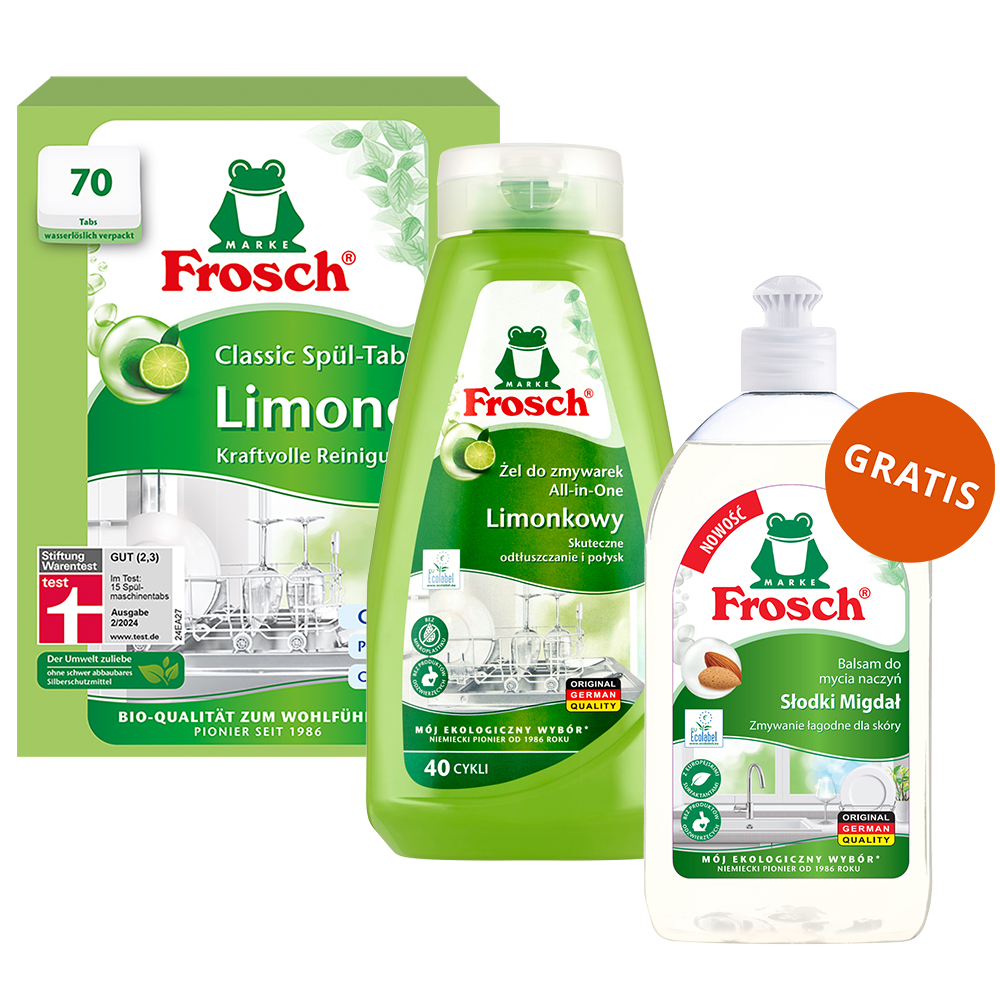 Zestaw Frosch, tabletki do zmywarek, Classic, limonkowe, 70 sztuk + żel do mycia naczyń w zmywarkach, limonkowy, 650 ml + płyn do mycia naczyń, migdałowy, 500 ml gratis