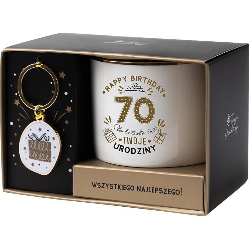 Zestaw prezentowy na 70 urodziny biało-złoty - kubek