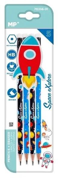 Ołówek sześciokątny Hb z dodatk. gumką Kosmos 4szt