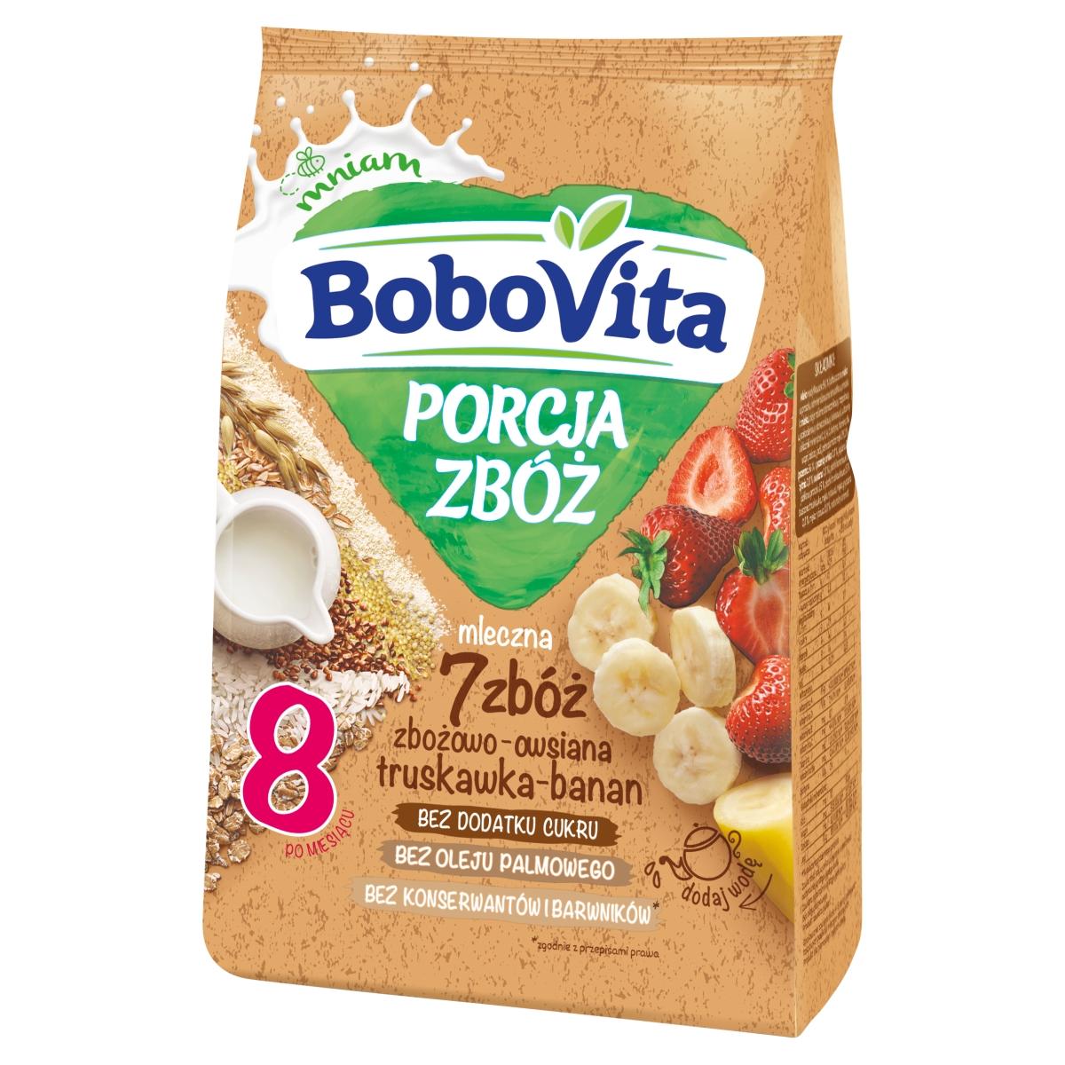 BoboVita Porcja Zbóż Kaszka mleczna 7 zbóż zbożowo-owsiana truskawka-banan po 8. miesiącu 210 g Gratis