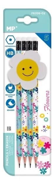 Ołówek sześciokątny Hb z dodatk. gumką Kwiaty 4szt