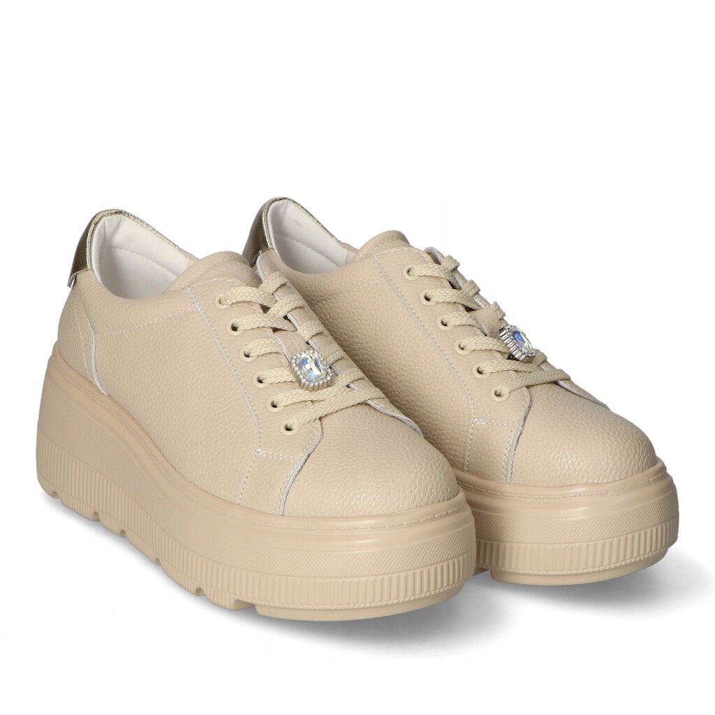 Sneakersy damskie na grubej podeszwie Cambell 25-00638 beżowe skórzane r.36