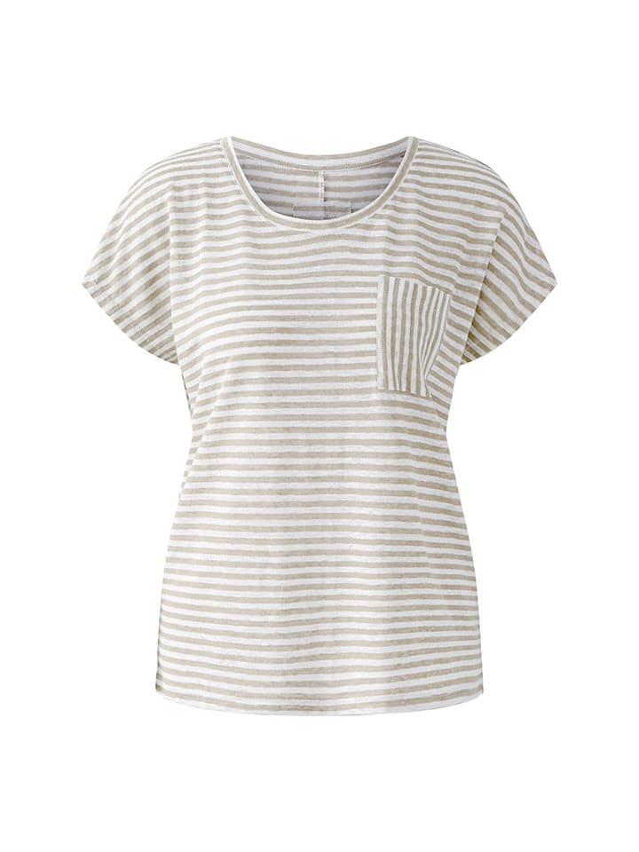 Oui Lniana koszulka w kolorze szarobrązowo-białym