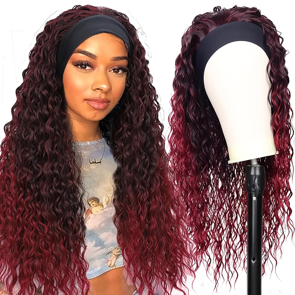 TEMU Burgundowa peruka z głęboką falą ombre z opaską dla kobiet, syntetyczne długie kręcone włosy z falą wodną, czepek z siatki różanej, peruka na