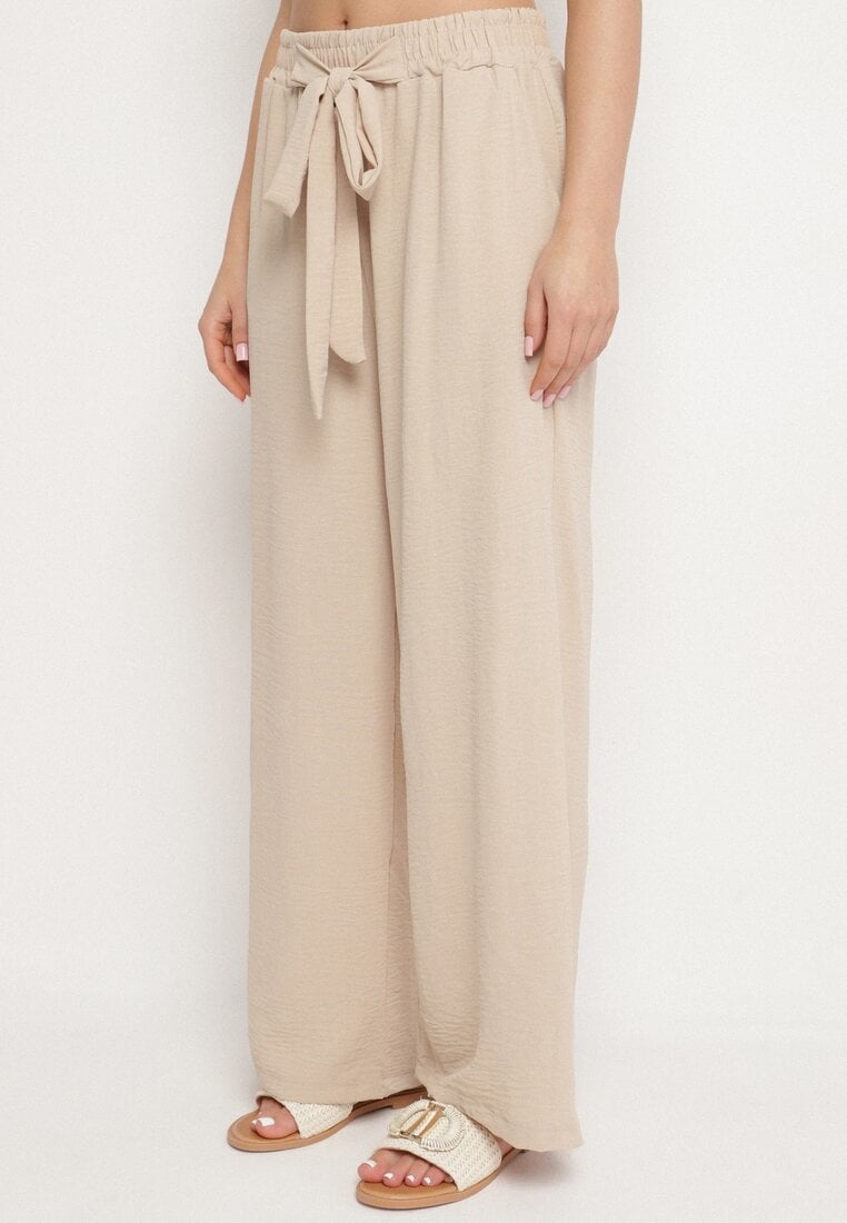 Beżowe Szerokie Spodnie z Wiskozą Wiązane w Pasie Zilenna