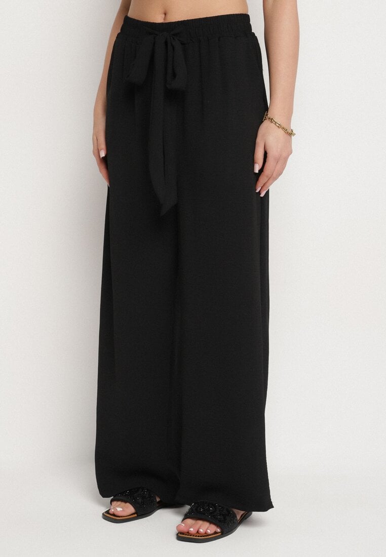 Czarne Szerokie Spodnie z Wiskozą Wiązane w Pasie Zilenna