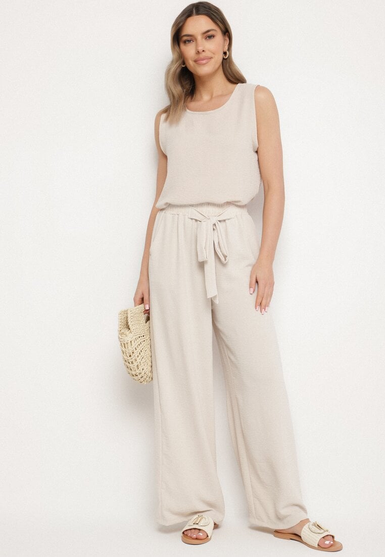 Jasnobeżowe Szerokie Spodnie z Wiskozą Wiązane w Pasie Zilenna