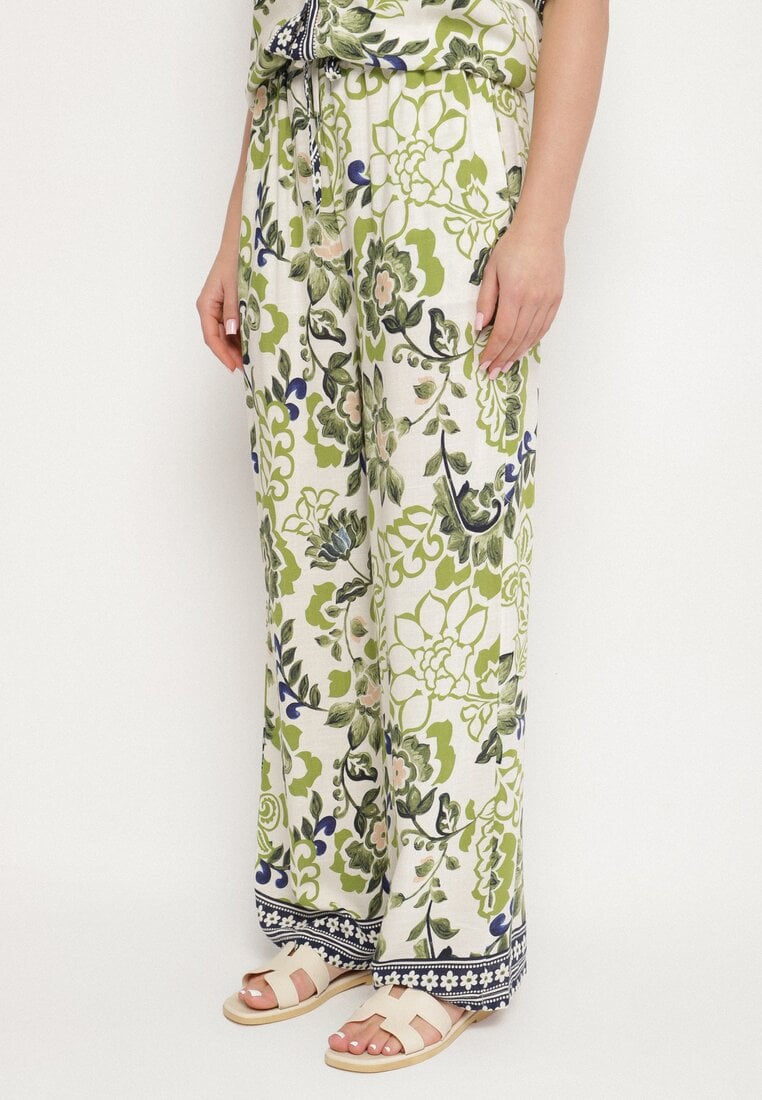 Zielone Wiskozowe Spodnie o Prostym Kroju ze Ściągaczem w Talii Lielle