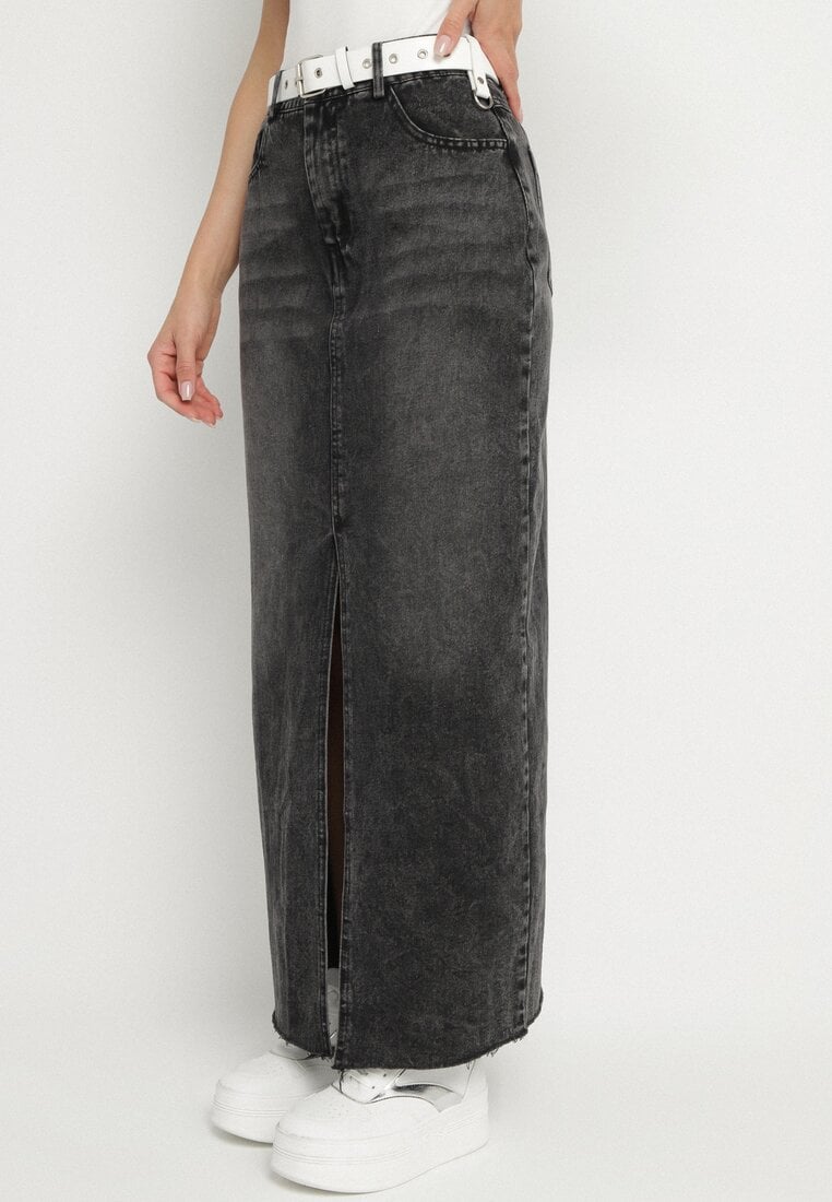 Czarna Ołówkowa Spódnica Jeansowa z Rozcięciem z Przodu Limirea