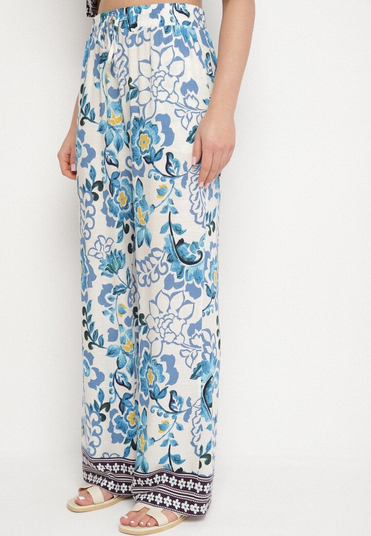 Niebieskie Wiskozowe Spodnie o Prostym Kroju ze Ściągaczem w Talii Lielle