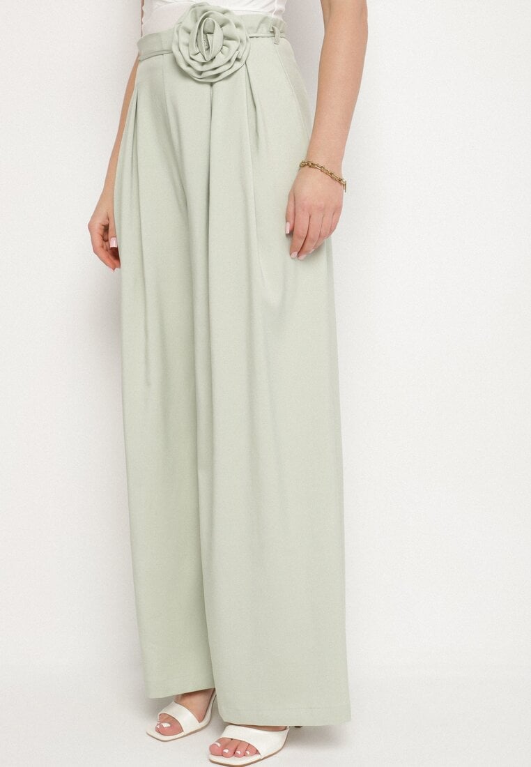 Zielone Szerokie Spodnie z Wysokim Stanem Ozdobione Kwiatem 3D Firicelle