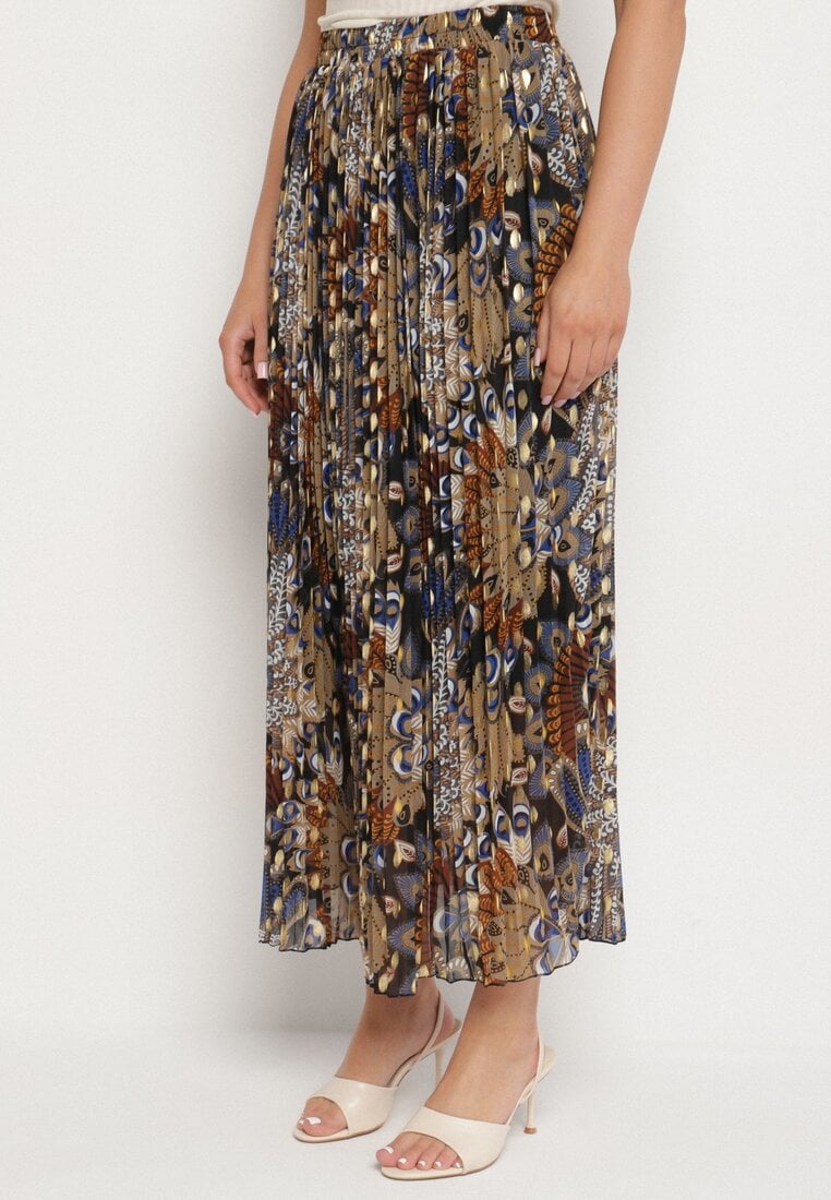 Czarna Plisowana Spódnica z Metalicznym Nadrukiem Firolene