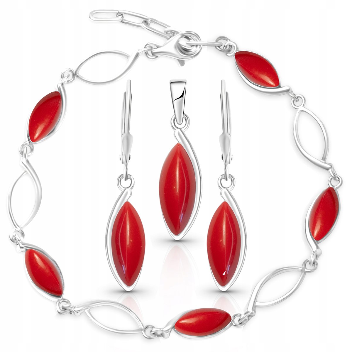 Kolczyki z koralem wisiorek koral bransoletka komplet biżuterii srebrnej